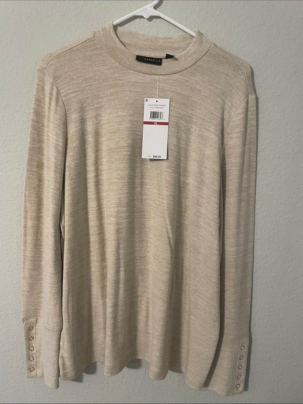 Rafaella Light Beige Crewneck Sweater with Button Cuffs